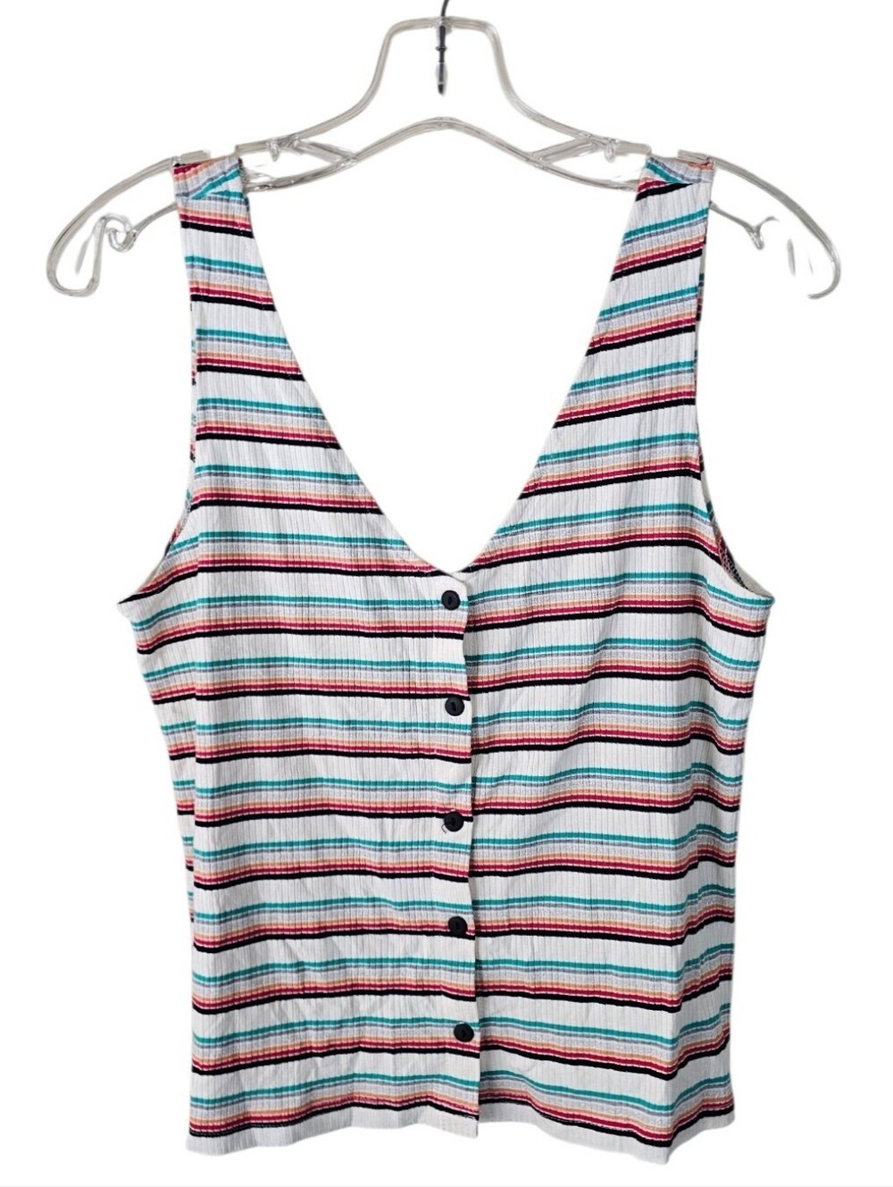 Cupcakes & Cashmere Striped Button-Front Tank Top in White, Teal & Red